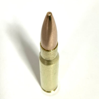 A single 50 cal dummy round standing vertically on a white background with a soft shadow on the left side.
