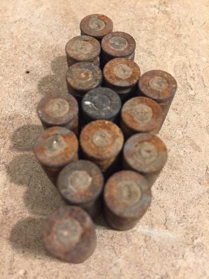 15 rusted 9mm casings standing upright in cluster, primer ends facing up, orange and gray rust patina