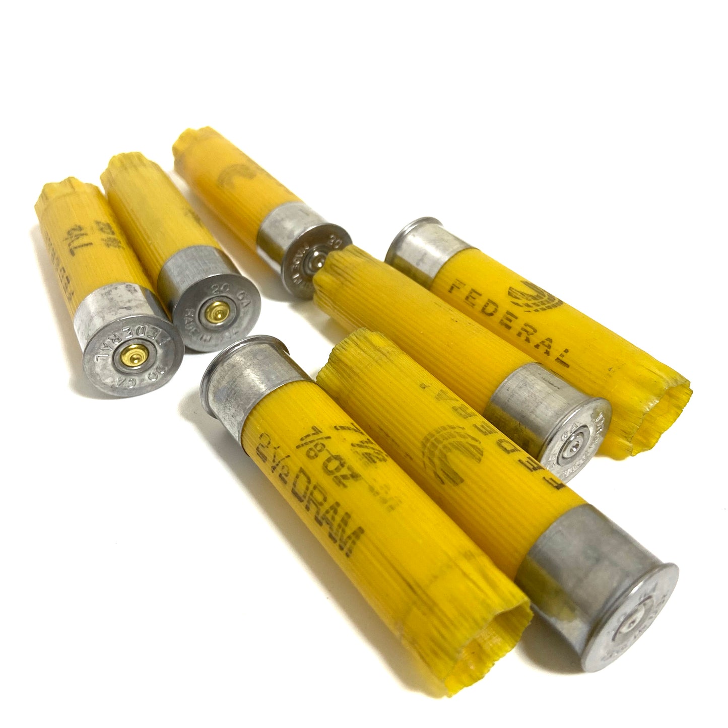 Six spent yellow 20 gauge Federal shotgun shells with silver bases arranged in two parallel rows on a white background.