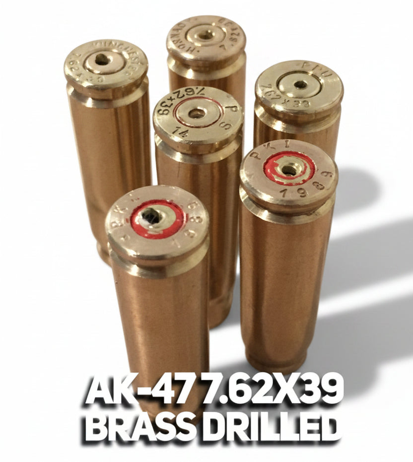 Five spent brass shells standing headstamp-up on a stone background, two showing red primer sealant, with an overlay caption.