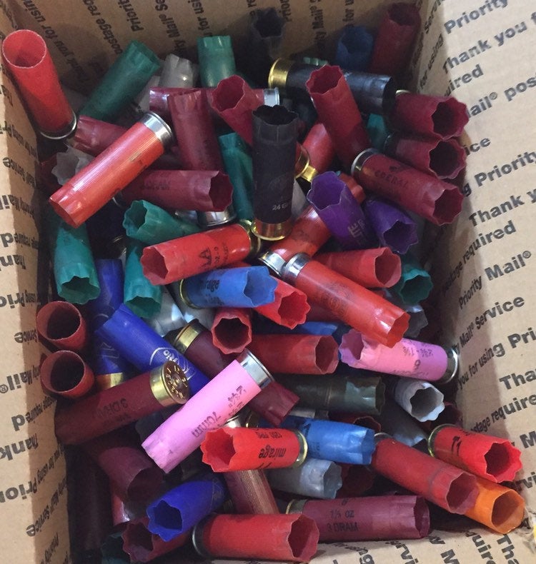 Overhead view of assorted empty 12 gauge shotgun hulls loose-packed in a box