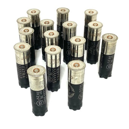 Twelve spent black 12 gauge shotgun shells standing upright showing tall silver bases on a white background.