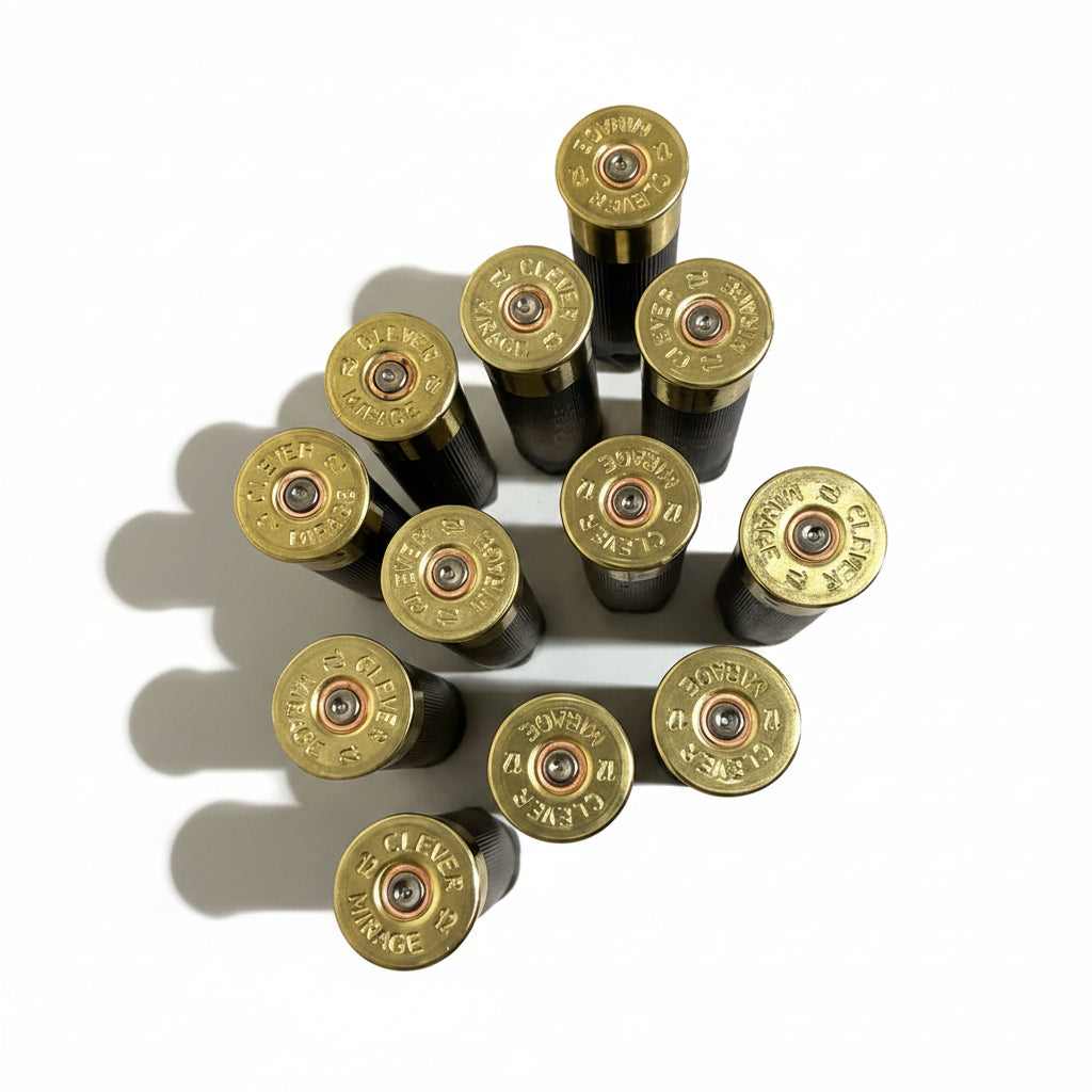 Overhead view of black Clever Mirage shotgun cartridges, showing brass headstamp caps and primers.
