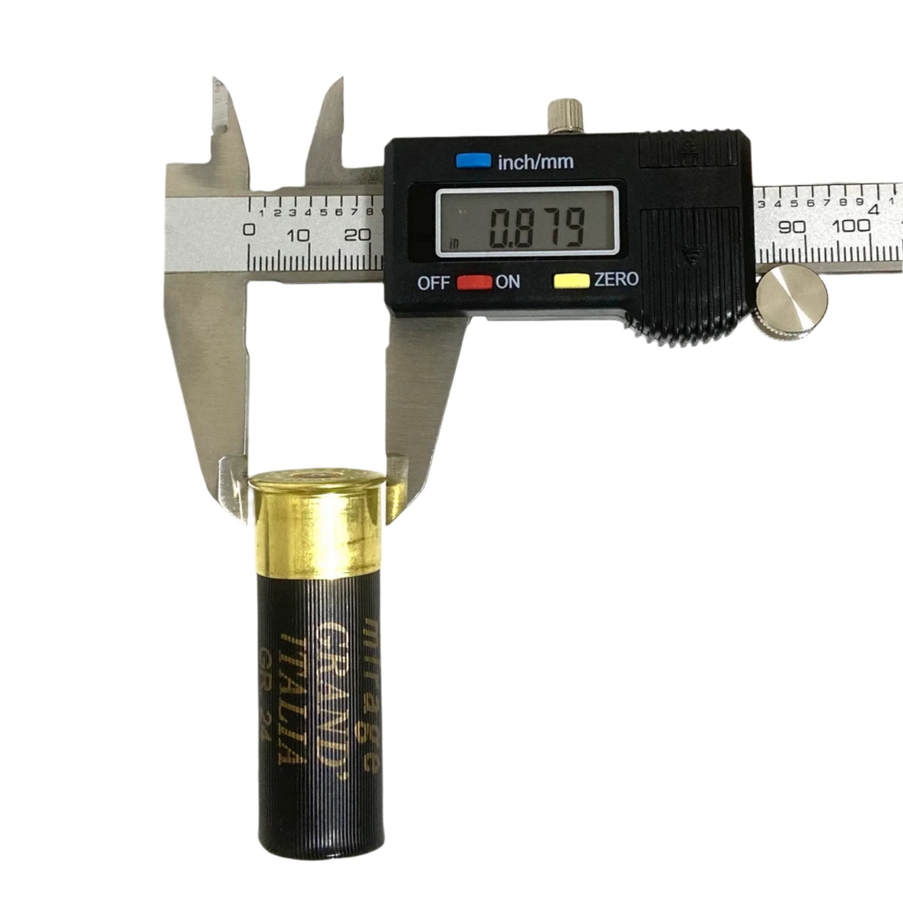 A digital caliper measuring the brass base diameter of a black empty shotgun shell.