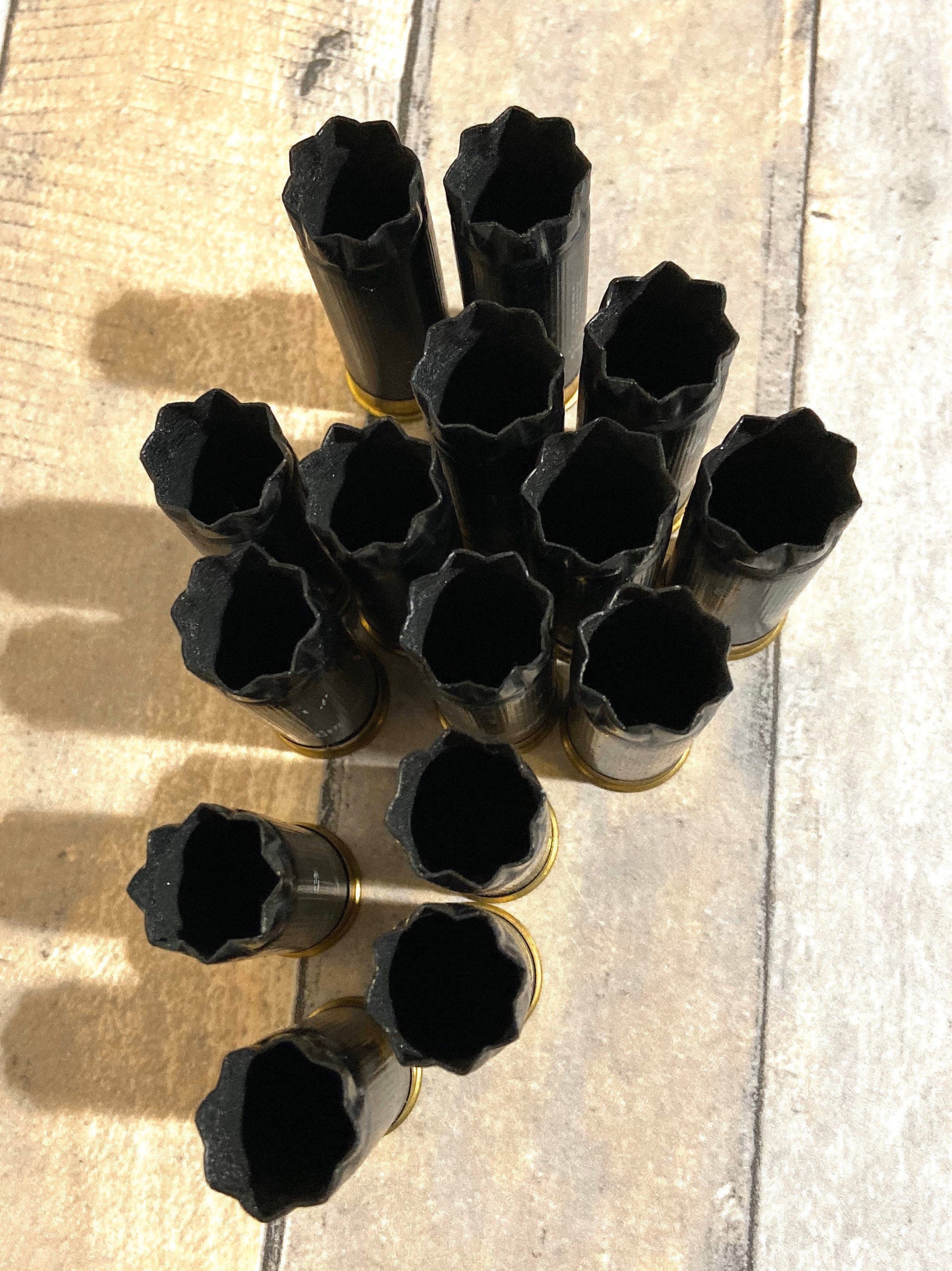 Cluster of black 12 gauge empty shotgun shells with gold bases viewed open-end up on a wood surface