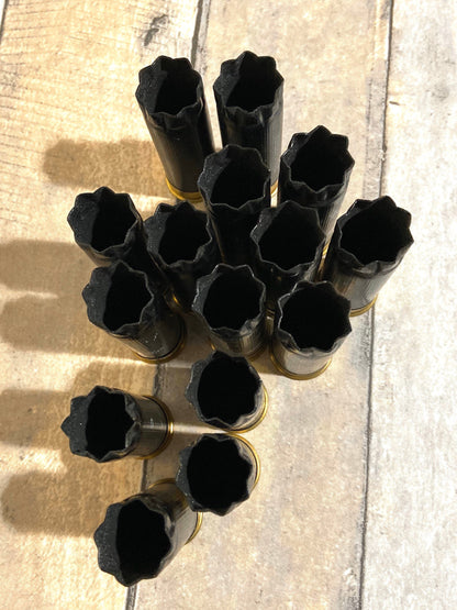 Cluster of black 12 gauge empty shotgun shells with gold bases viewed open-end up on a wood surface