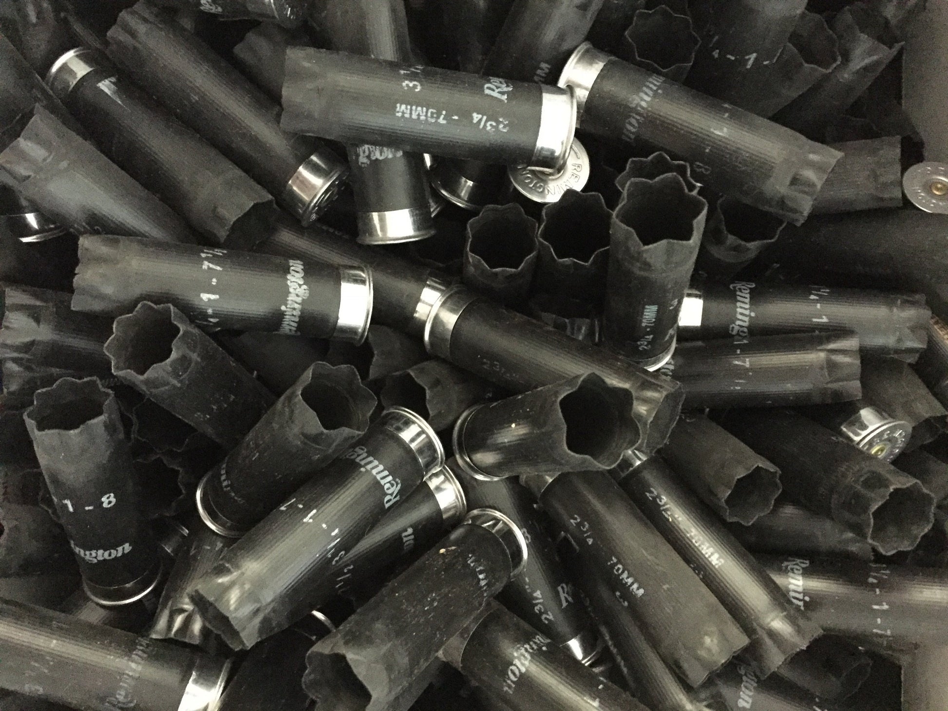 Five black empty Remington 12 gauge shotgun shells fanned out on a white surface with silver metal bases visible.