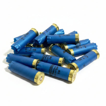 Pile of blue Challenger 12 gauge shotgun shell hulls