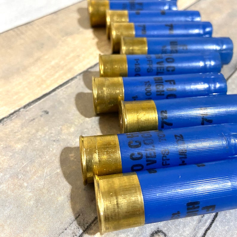9 blue Fiocchi 16 gauge shotgun shells lying in a row showing brass heads and headstamp text