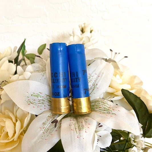 Two blue Fiocchi 16 gauge shotgun shells with brass heads standing among white flowers