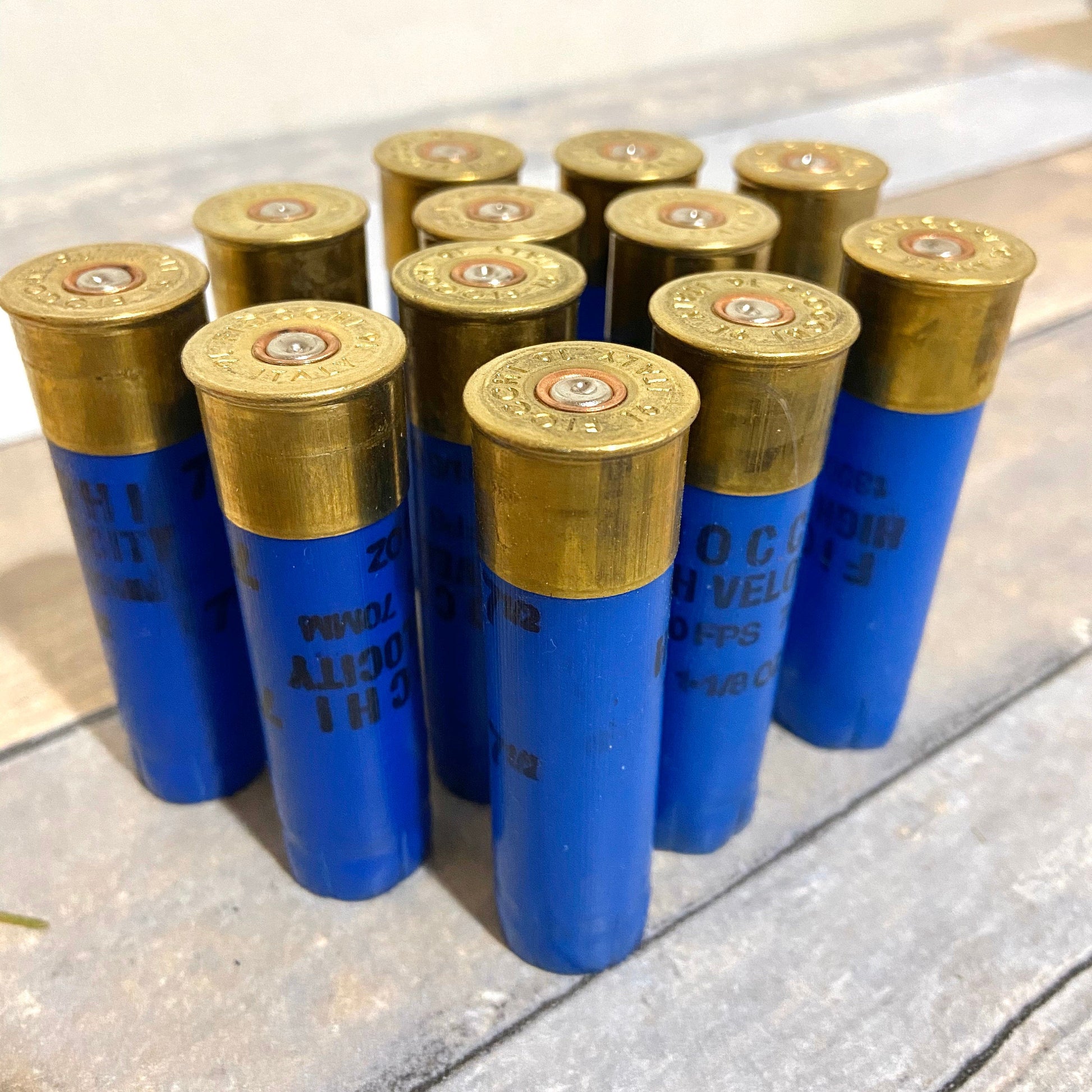 10 blue Fiocchi 16 gauge shotgun shells standing upright with brass heads on a wood surface