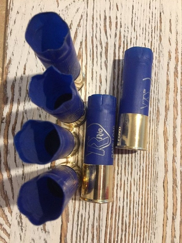 Six blue Rio shotgun shells with gold brass bases arranged on a wood-plank background, showing open star-crimped mouths and printed ‘Rio’ text