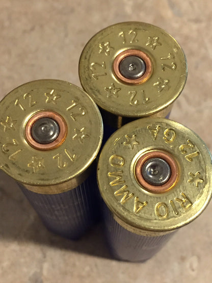 Macro view of three blue Rio 12 gauge shotgun shells standing upright showing stamped brass bases and spent primers.