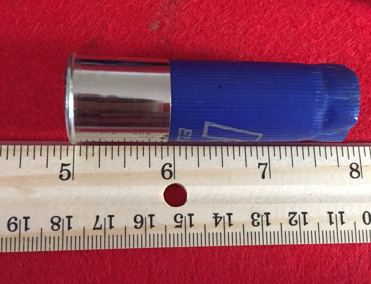 A single blue shotgun casing shown next to a wooden ruler to measure its size on a red background.
