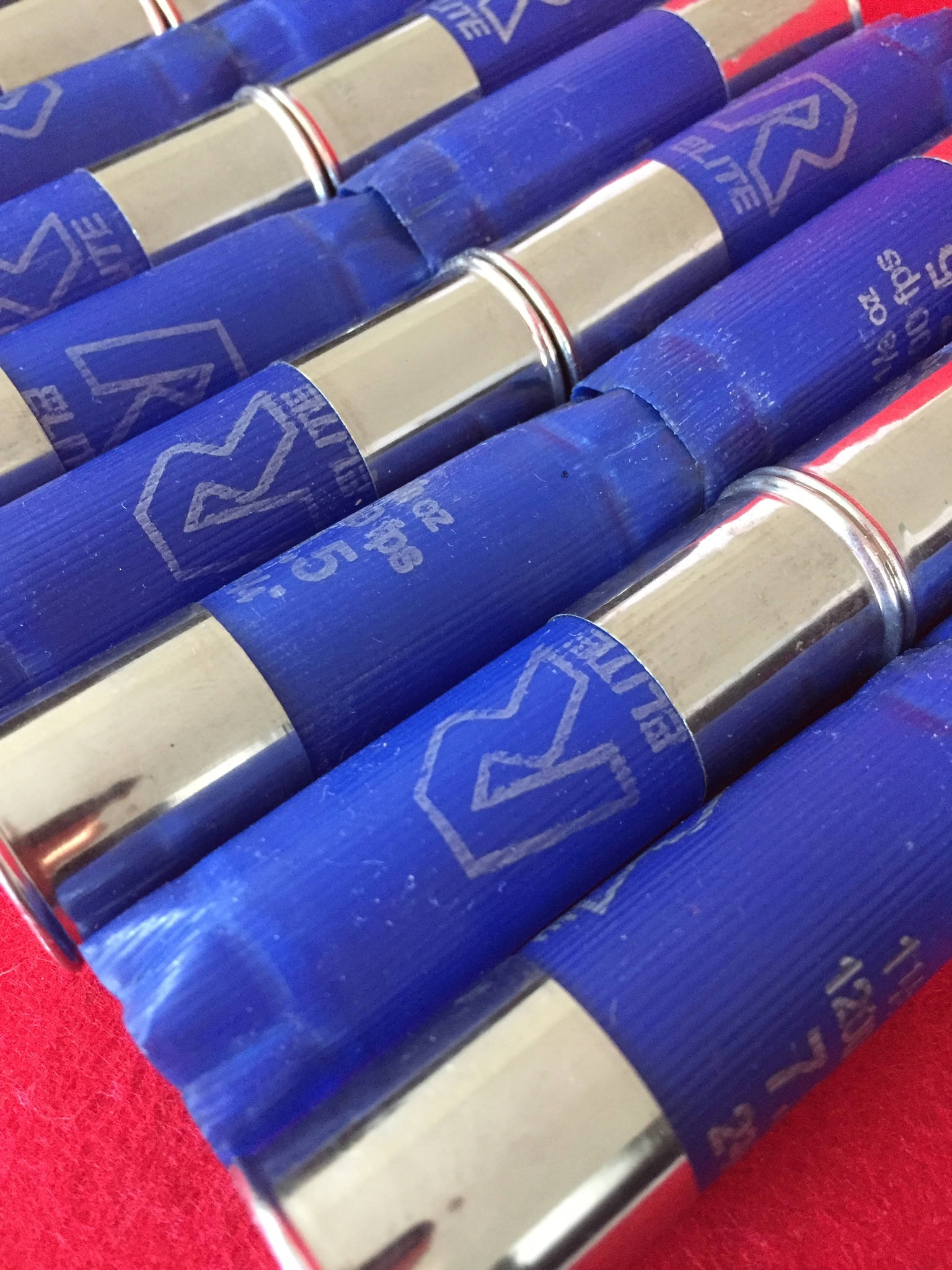 Close-up of blue once fired shotshells with silver metal heads laid diagonally on a vibrant red textured surface.