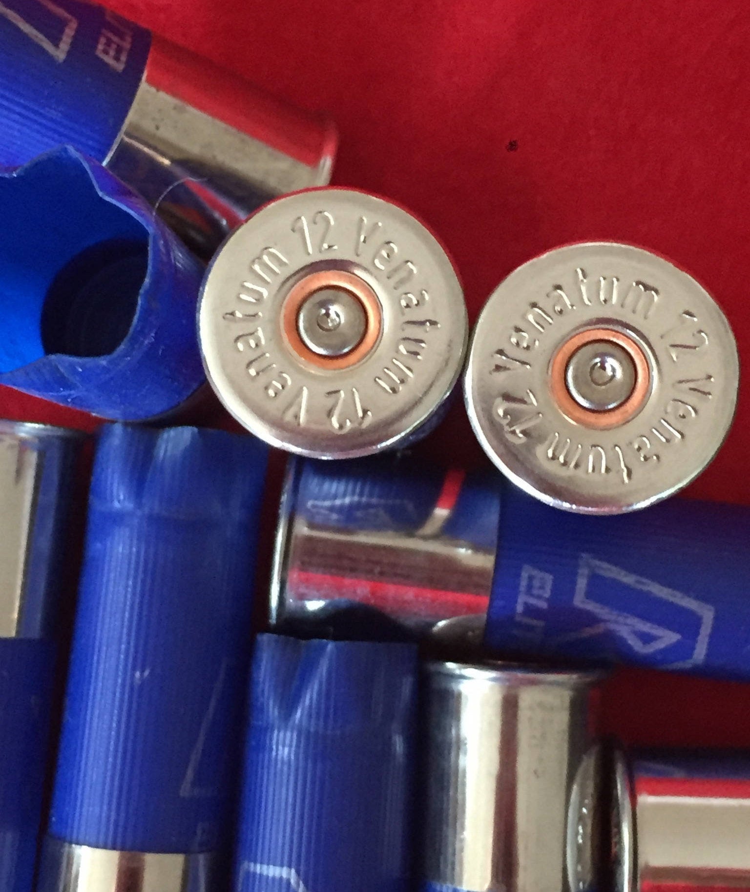 Extreme close-up of two silver shotgun casing headstamps with Venatum 12 text next to blue shells on a red background.