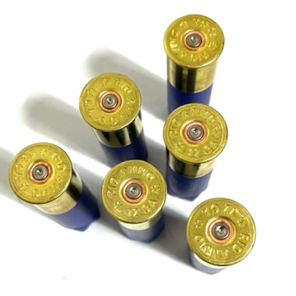 Top-down view of six empty 12ga shells showing golden brass headstamps with spent primers Rio markings.