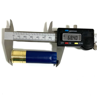 Single blue shotgun casing measured with a silver digital caliper on white, with the display reading 68.40 mm.