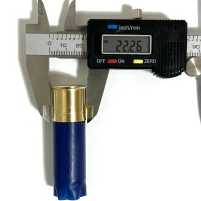 Single blue shotshell measured across the high brass base with a digital caliper displaying 22.26 mm.