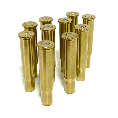 Polished 30-30 brass casings for bullet jewelry making, bright gold once-fired shells for DIY ammo crafts.
