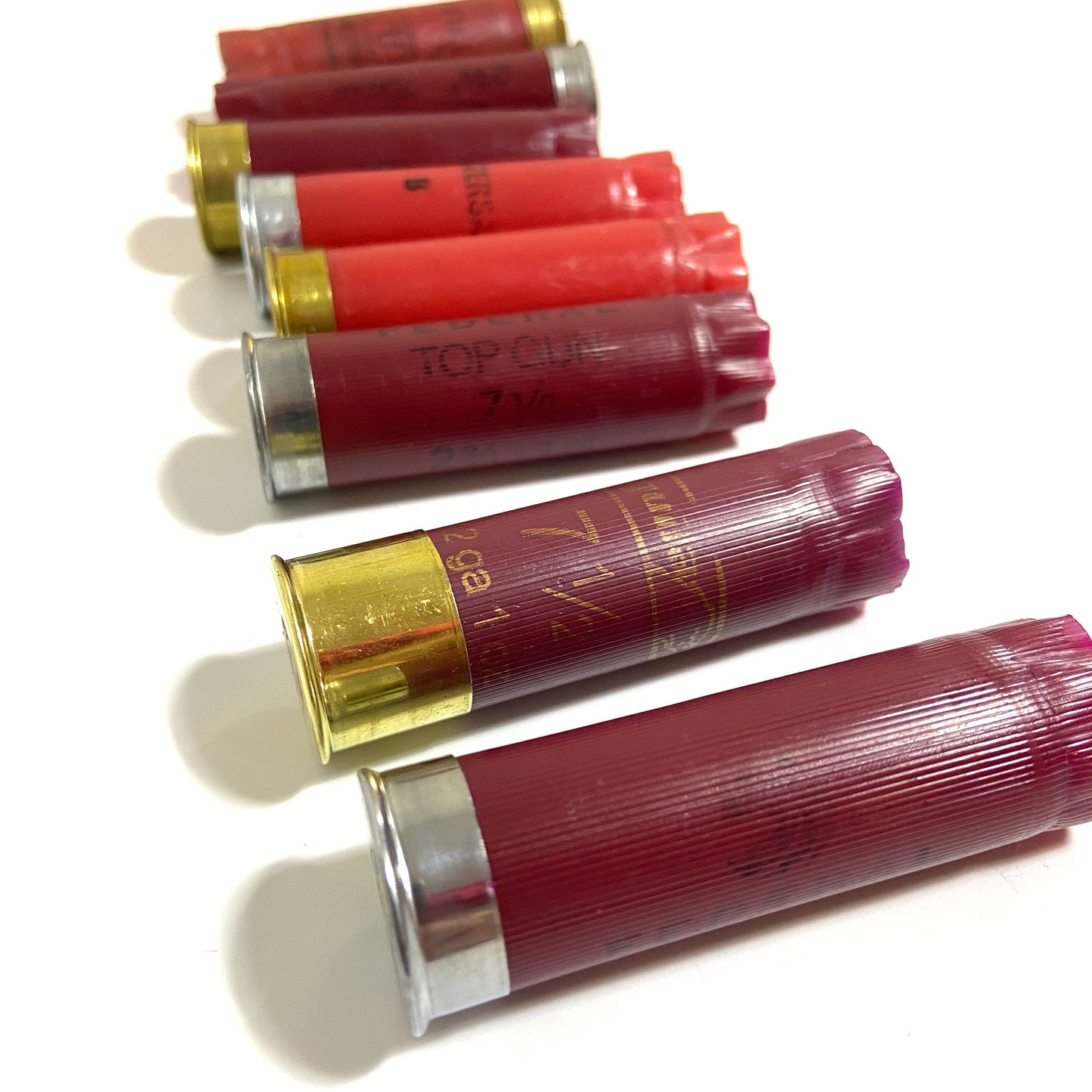 Multiple empty red and maroon 12 gauge shotgun shells standing upright in a grid on a white background.