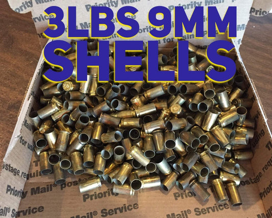 Pile of brass casings in a shipping box with bold 3LBS 9MM SHELLS text overlay