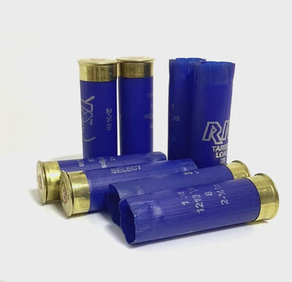 Short video showing a rotating collection of blue RIO 12 gauge empty shotgun shell casings for crafting