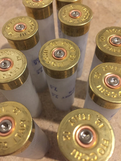 9 brass heads of translucent Fiocchi 12 gauge shotgun shells viewed from above showing headstamp text