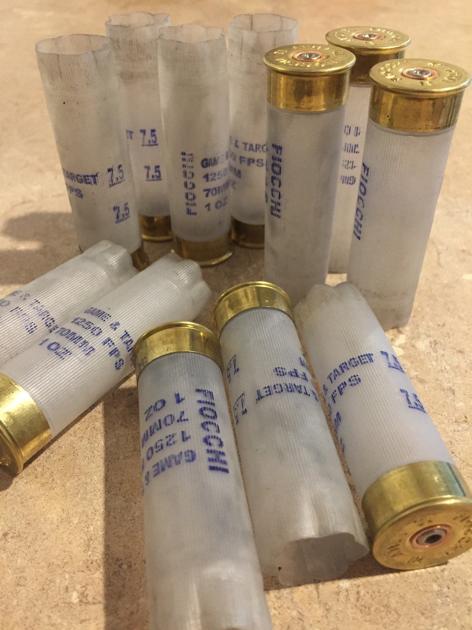 10 translucent white Fiocchi 12 gauge shotgun shells clustered together on a stone surface