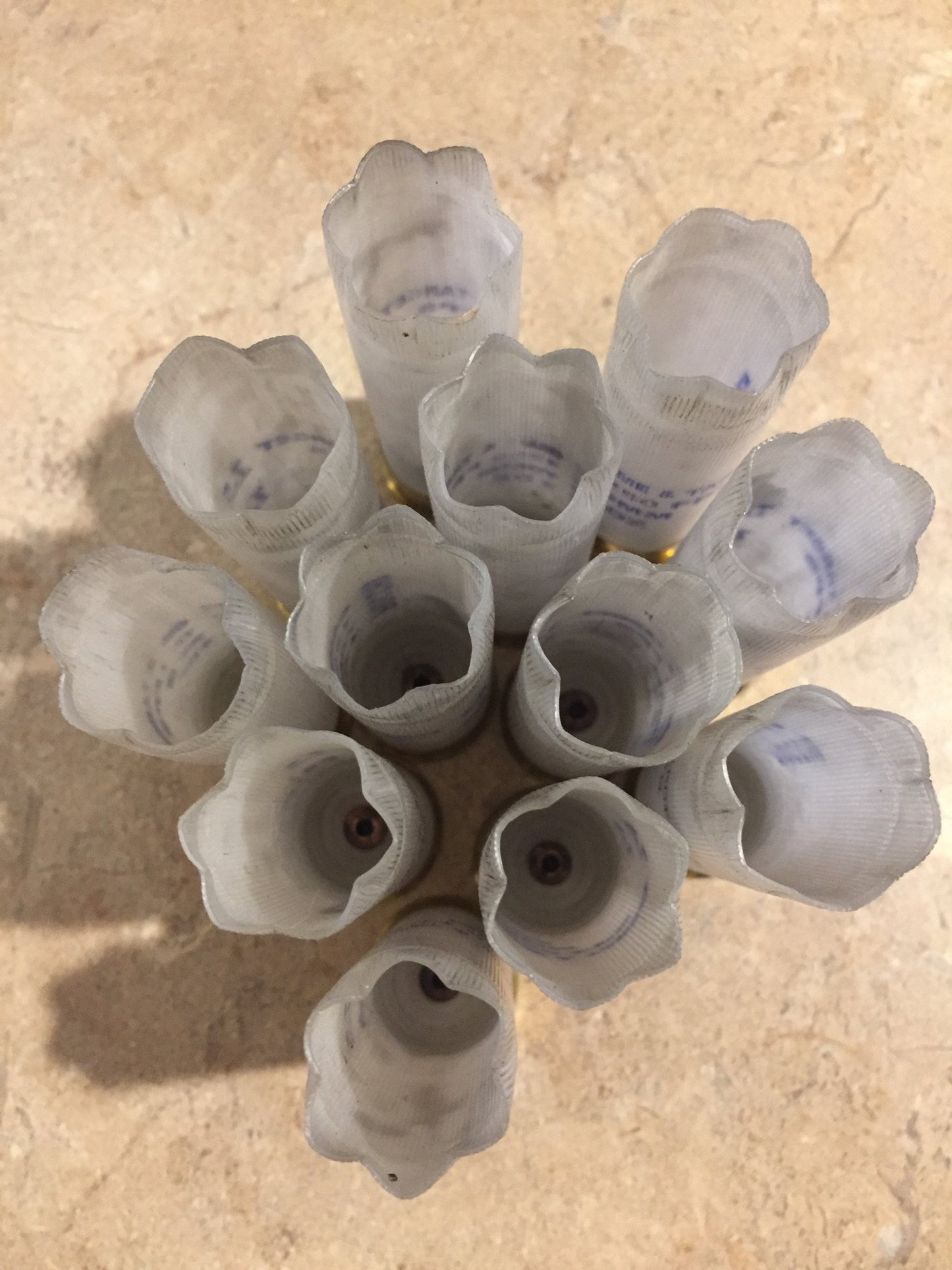 Open mouths of translucent white Fiocchi 12 gauge shotgun shells viewed from above in a cluster