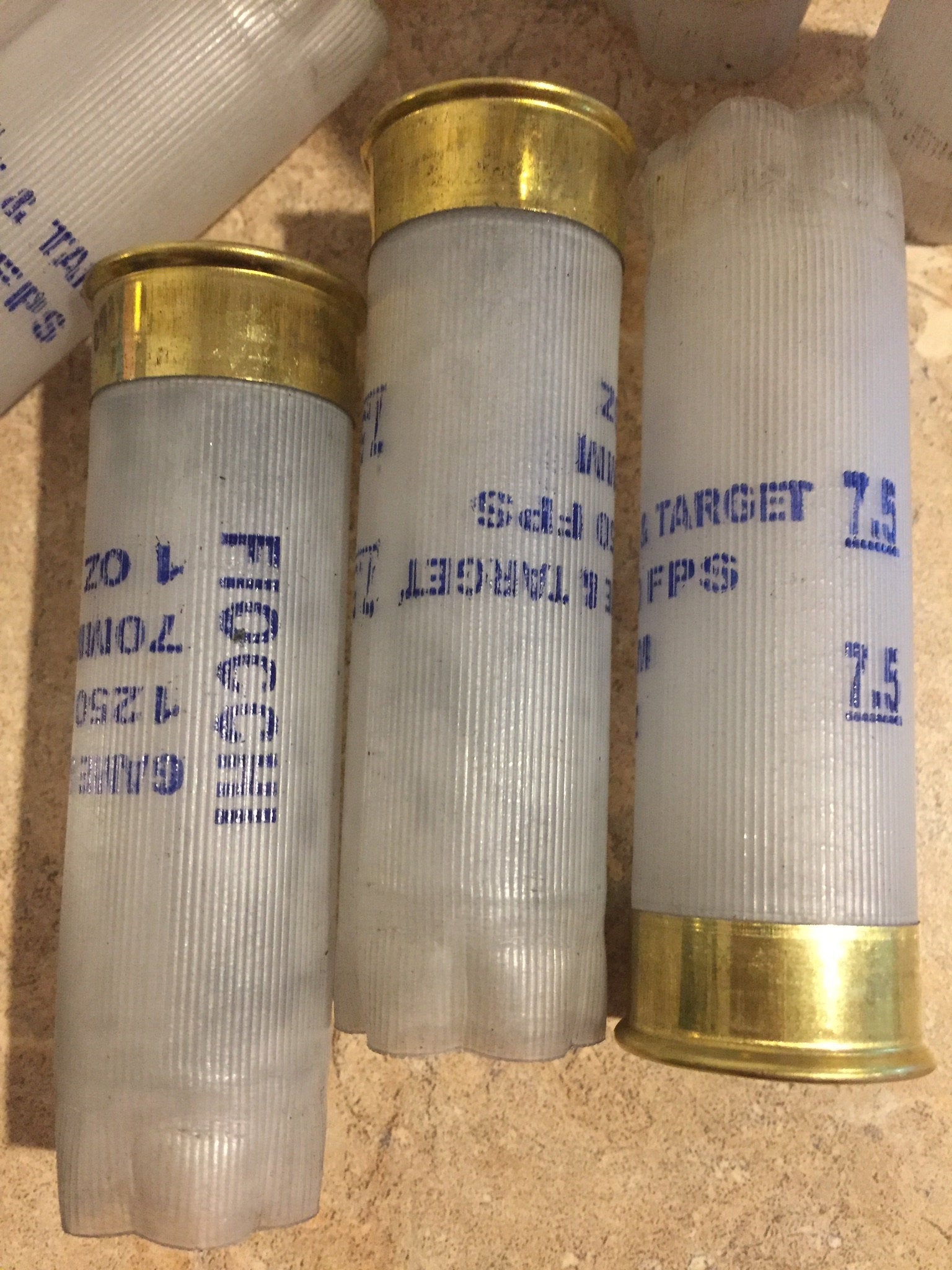 3 translucent white Fiocchi 12 gauge shotgun shells lying together showing Fiocchi and Target headstamp text