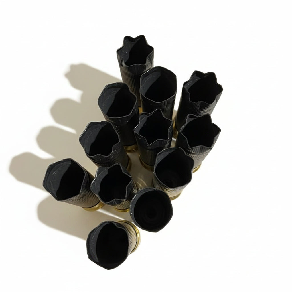 Cluster of black shotgun shells viewed from above, showing their crimped star-shaped tops on a wood surface.