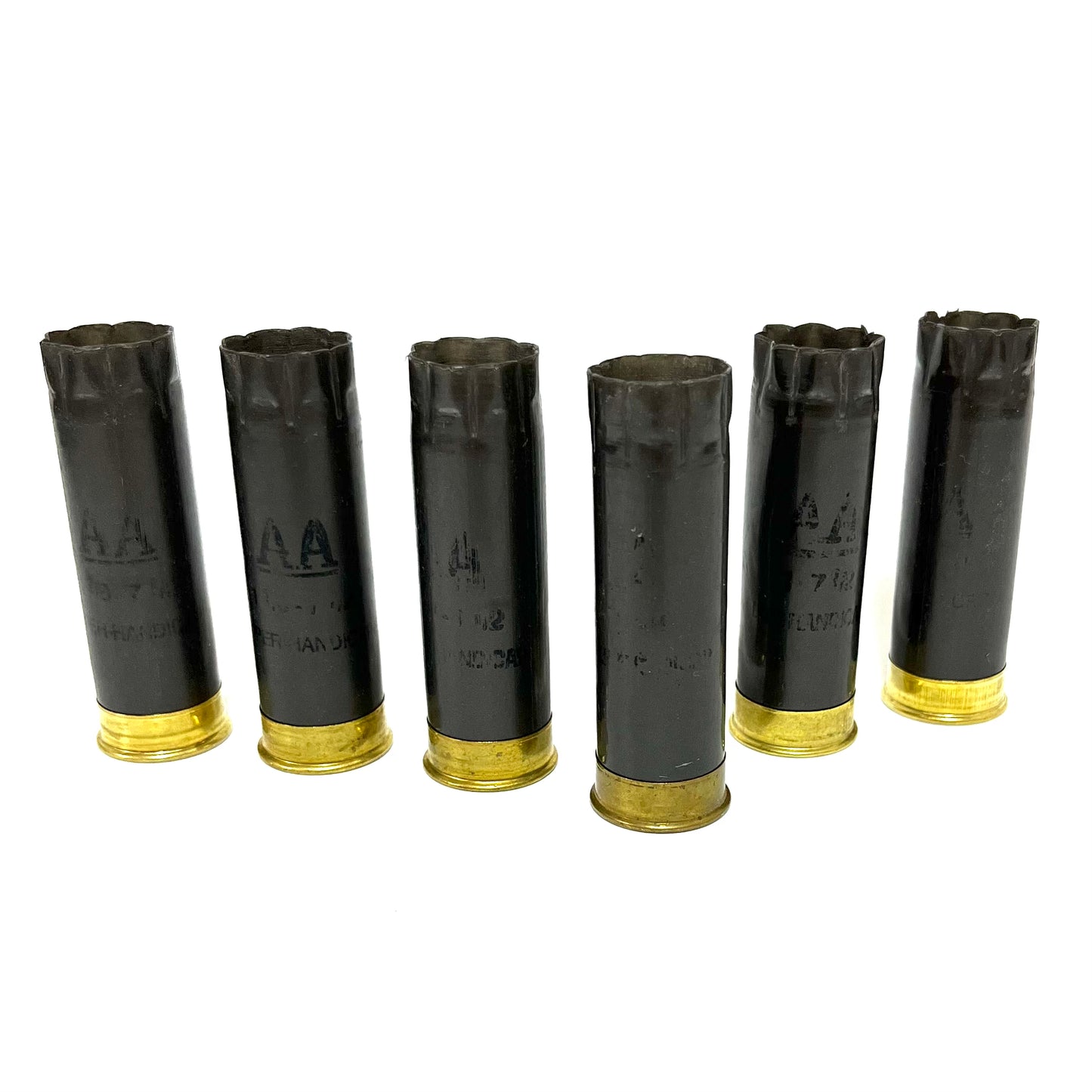 Six dark gray Winchester AA empty shotshells with brass bases standing upright in a staggered line on a white surface.