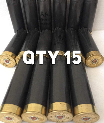 Fifteen dark gray Winchester AA shotgun shells lying flat with brass bases, featuring a large white QTY 15 text overlay.
