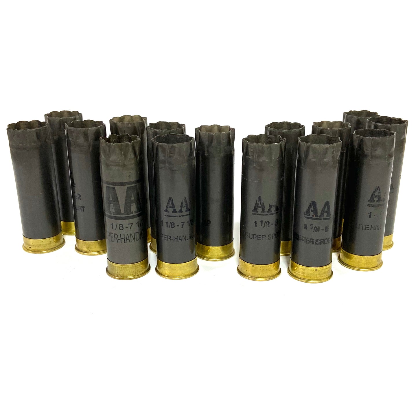 Fifteen dark gray Winchester AA hulls standing upright on their brass bases in three rows on a white background for crafting projects.