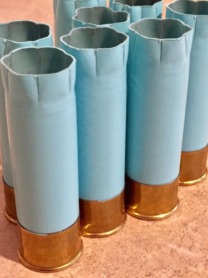Light blue 12 gauge blank shotgun shells with gold bases standing upright showing open ends