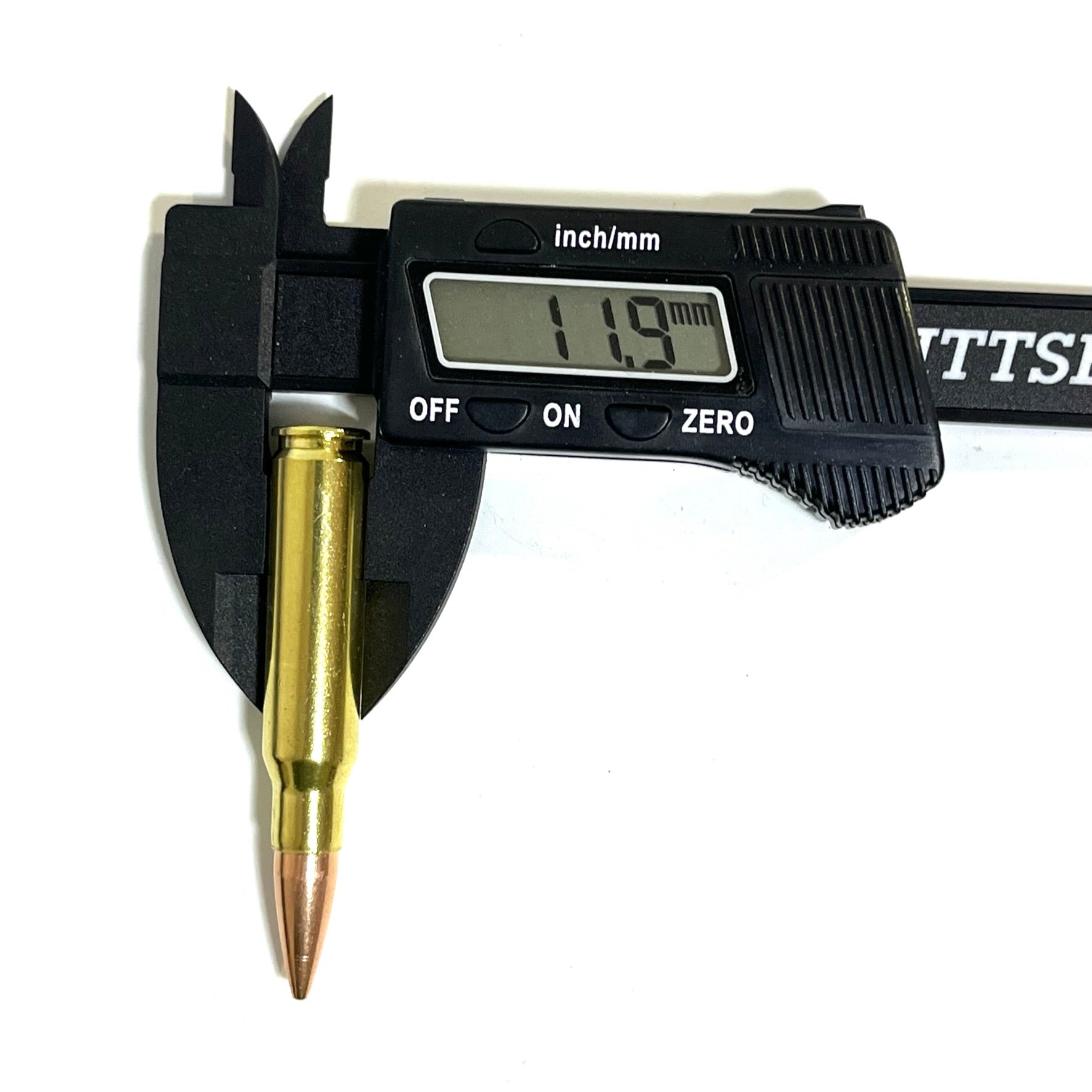 Single brass .308 prop dummy cartridge measured with digital calipers reading 11.9mm