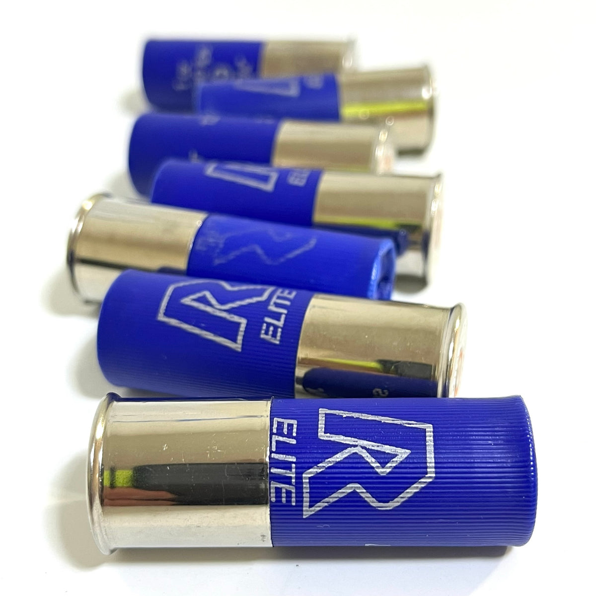 Shotgun shell dummy rounds blue high brass R Elite text on white background