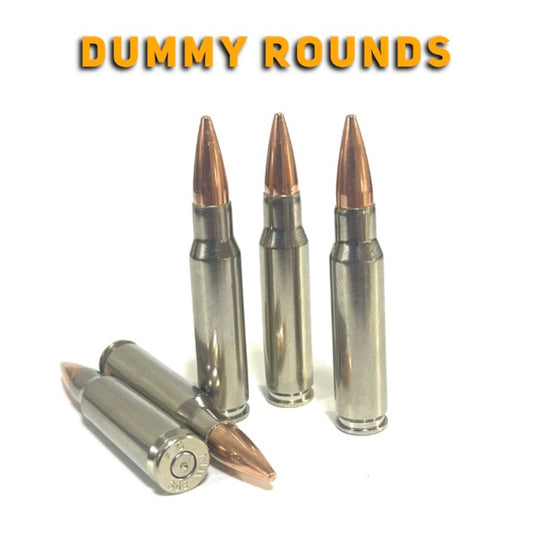Five nickel-plated .308/7.62x51 inert dummy rounds, three upright and two crossed with the primer end visible