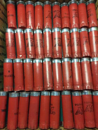 Large bulk collection of red 12 gauge empty shells with silver bases packed in dense parallel rows inside a box.