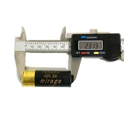 A digital caliper measuring the total length of a horizontal black fake 12GA shell.