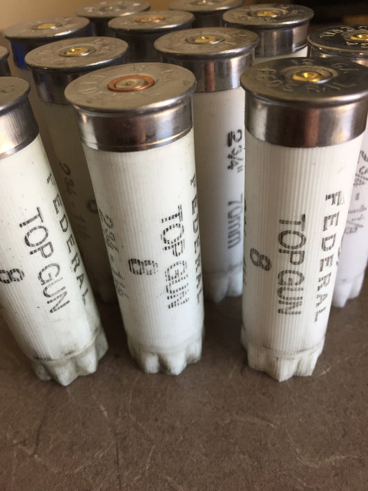 Cluster of empty white Federal Top Gun 12ga hulls with silver caps and brass primers