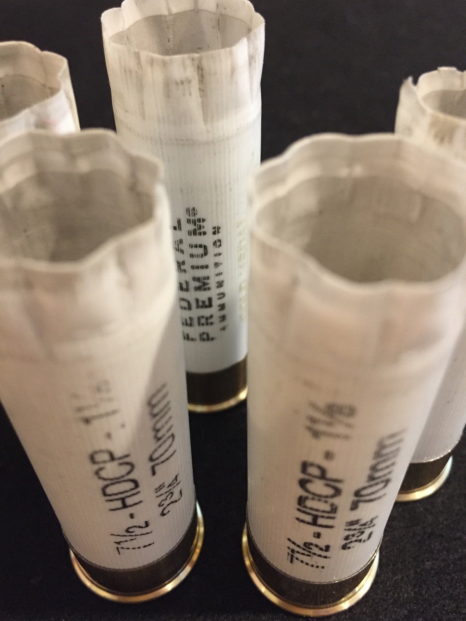 Close-up view of white empty shotgun shells with black Federal Premium markings standing vertically against a dark background.