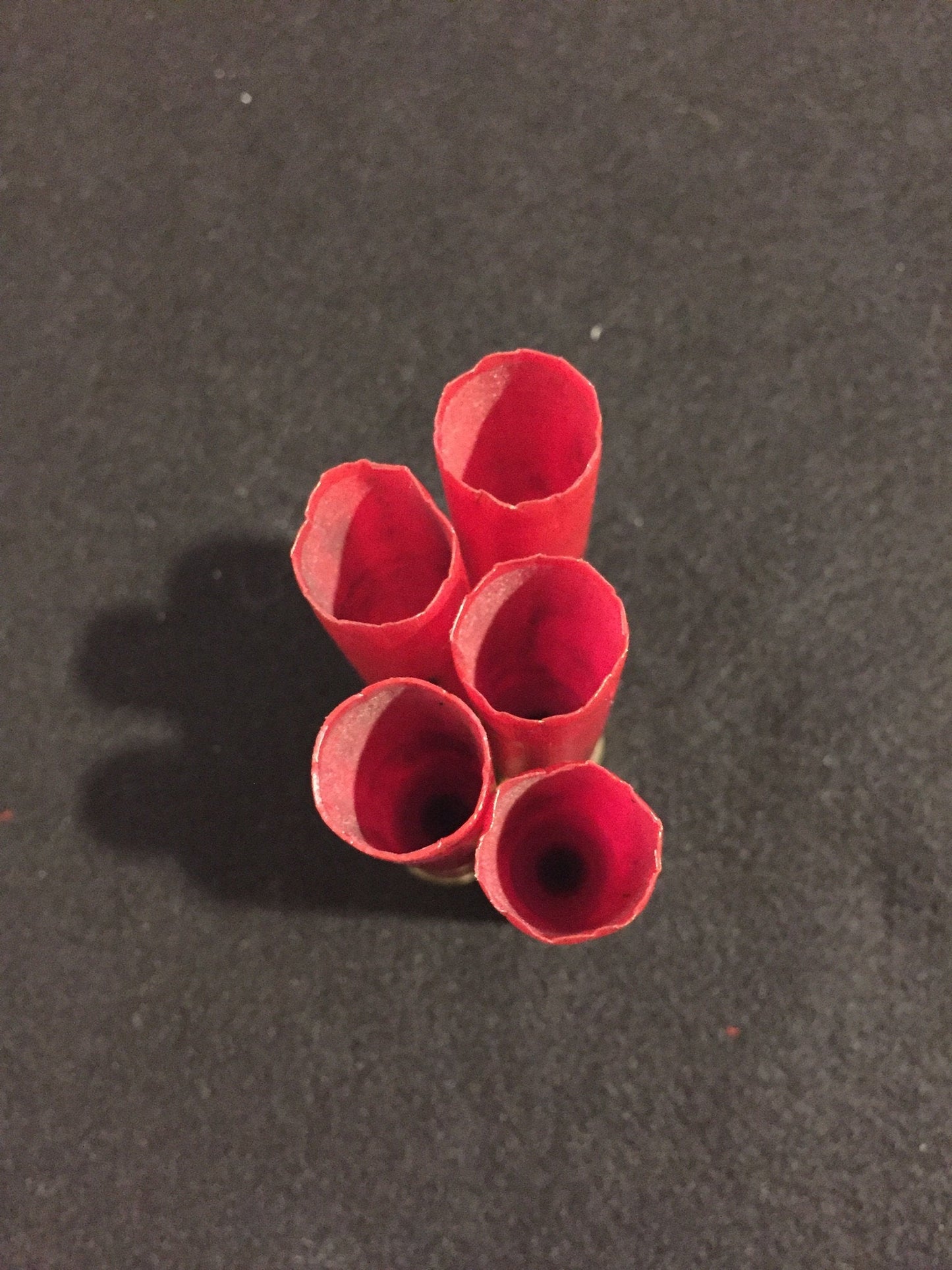 Overhead view of five open red Fiocchi 28 gauge shotgun shell hull mouths on a dark background