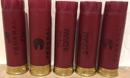 A row of five dark red Federal 12 gauge shotshells showing their brass bases and markings.