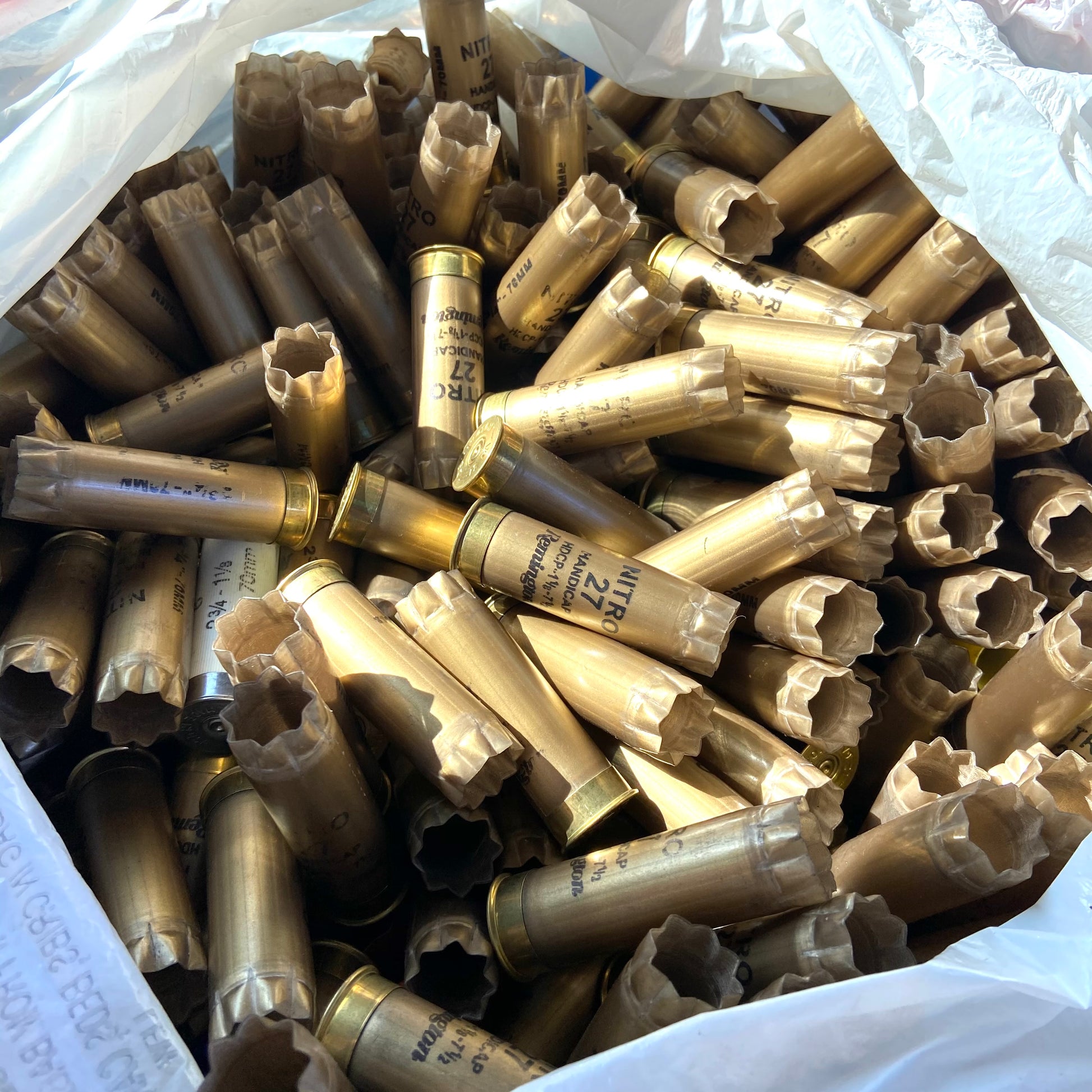 Large pile of gold Remington Nitro empty 12 gauge shotgun shells inside a white plastic bag