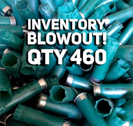 Pile of empty green 12ga Remington Gun Club shells with silver bottoms and an inventory blowout qty 460 graphic overlay