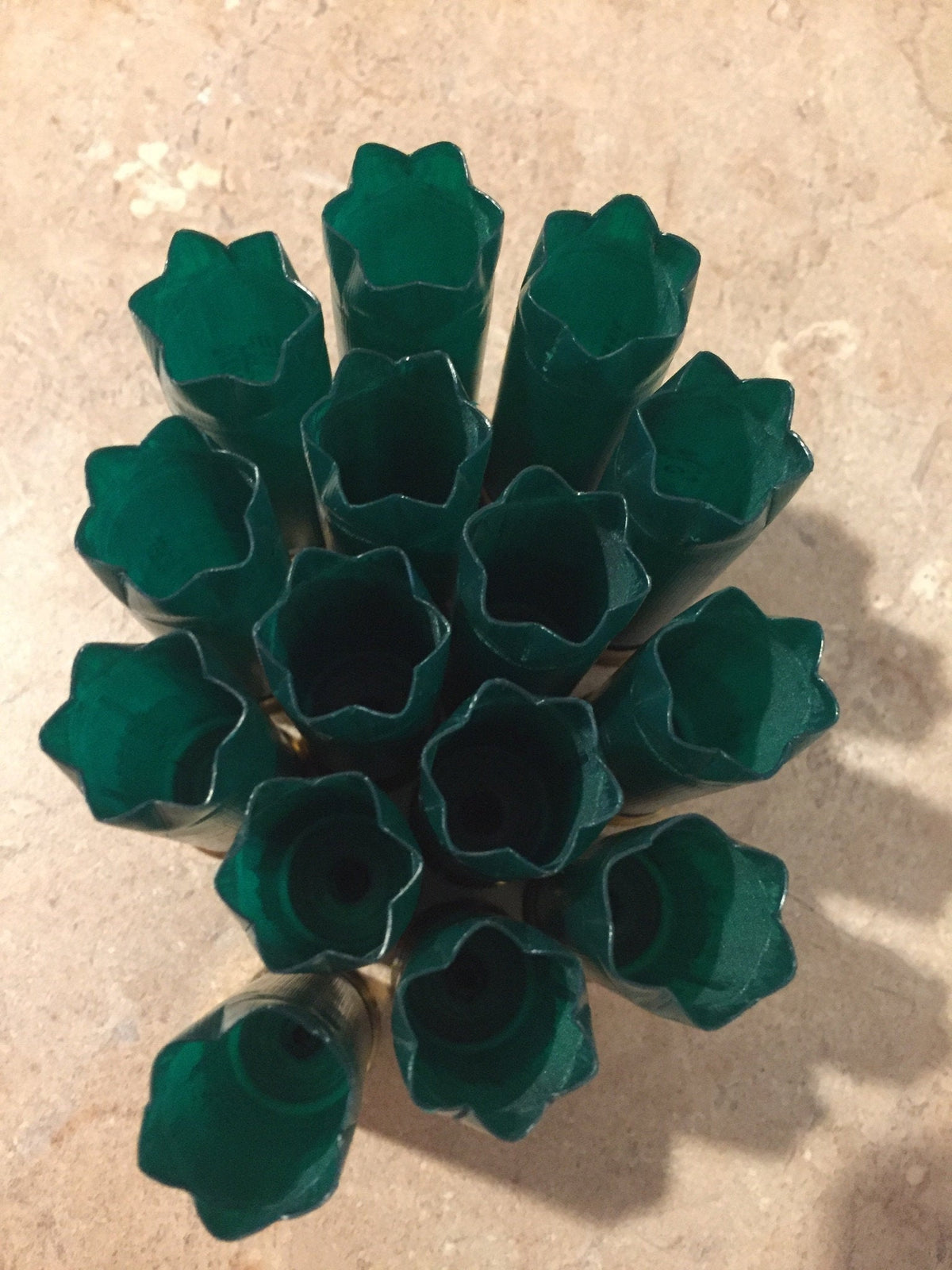 Green shotgun shells viewed from above showing open star-crimped mouths