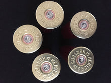 Load image into Gallery viewer, Dark Red Shotgun Shells Burgundy 12 Gauge Empty Hand Polished Brass Casings Spent Cartridge DIY Ammo Crafts Boutonnieres Qty 5 - Free Shipping
