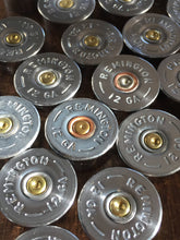 Load image into Gallery viewer, Steel Head Stamps 12 Gauge Bottoms Silver Remington Shotgun Shells Headstamps Hand Polished Empty Ammo Spent Cartridge Shotshells DIY Ammo Bullet Jewelry 50 Pcs - FREE SHIPPING

